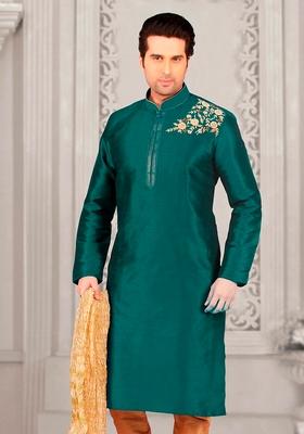 Sea Green Machine Embroidered Silk Kurta For Men
