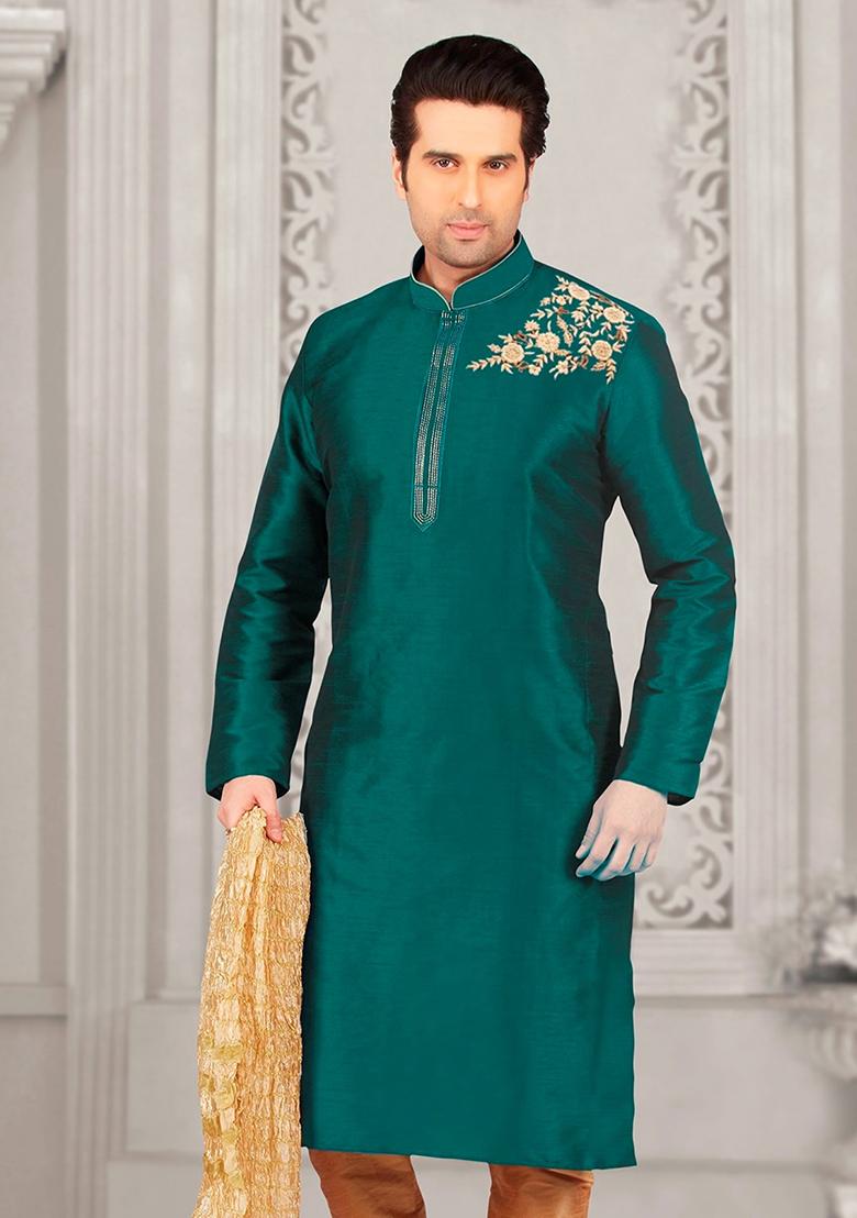Sea Green Machine Embroidered Silk Kurta For Men