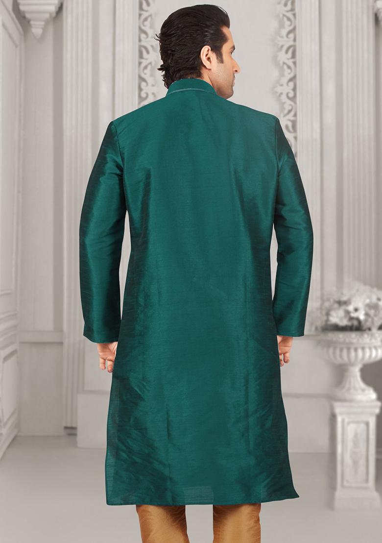 Sea Green Machine Embroidered Silk Kurta For Men