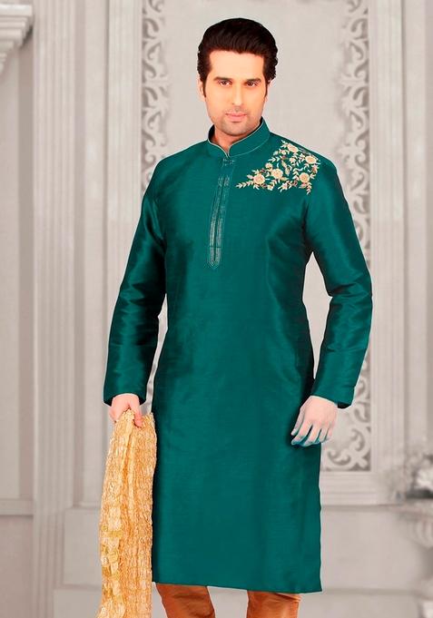 Sea Green Machine Embroidered Silk Kurta For Men