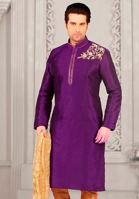 Violet Machine Embroidered Silk Kurta For Men