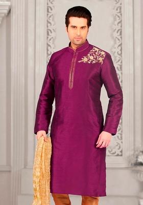 Purple Machine Embroidered Silk Kurta For Men