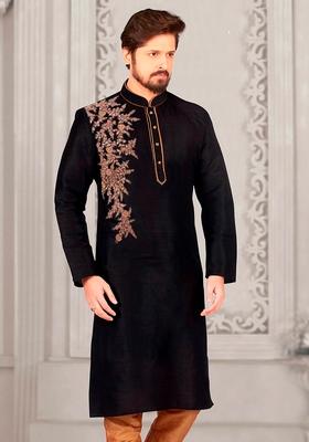 Black Machine Embroidered Silk Kurta For Men