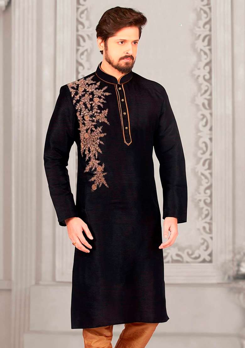 Black Machine Embroidered Silk Blend Kurta For Men - Indya