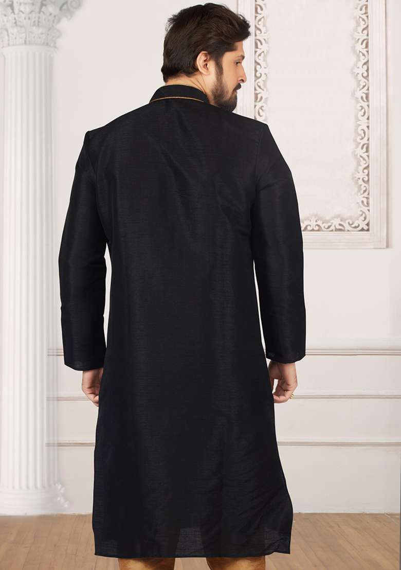 Black Machine Embroidered Silk Blend Kurta For Men - Indya