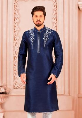 Navy Blue Machine Embroidered Silk Kurta For Men