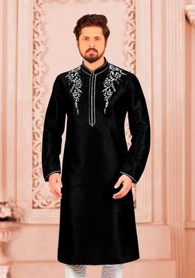 Black Machine Embroidered Silk Kurta For Men