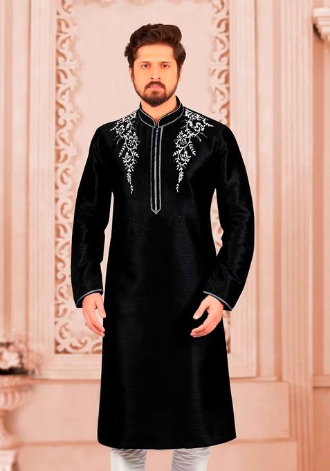 Black Machine Embroidered Silk Kurta For Men