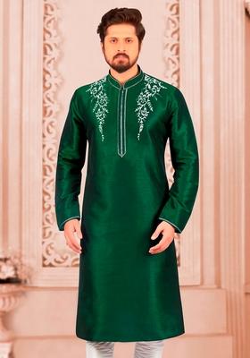 Bottle Green Machine Embroidered Silk Kurta For Men