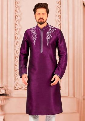 Purple Machine Embroidered Silk Kurta For Men