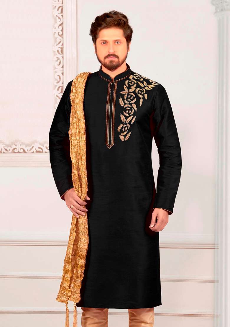 Black Machine Embroidered Silk Blend Kurta For Men - Indya