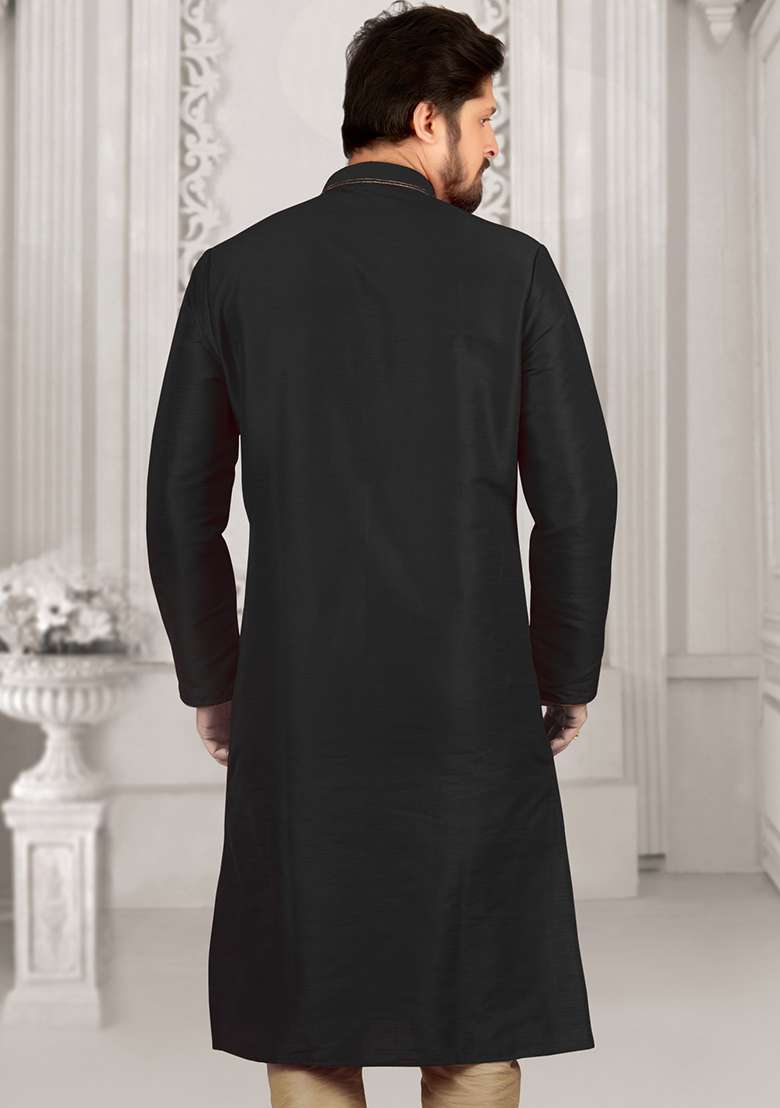 Black Machine Embroidered Silk Blend Kurta For Men - Indya