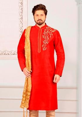 Rust Orange Machine Embroidered Silk Kurta For Men
