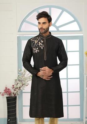 Black Machine Embroidered Silk Kurta For Men