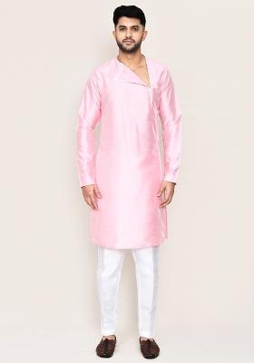Pink Plain Art Silk Kurta Set For Men