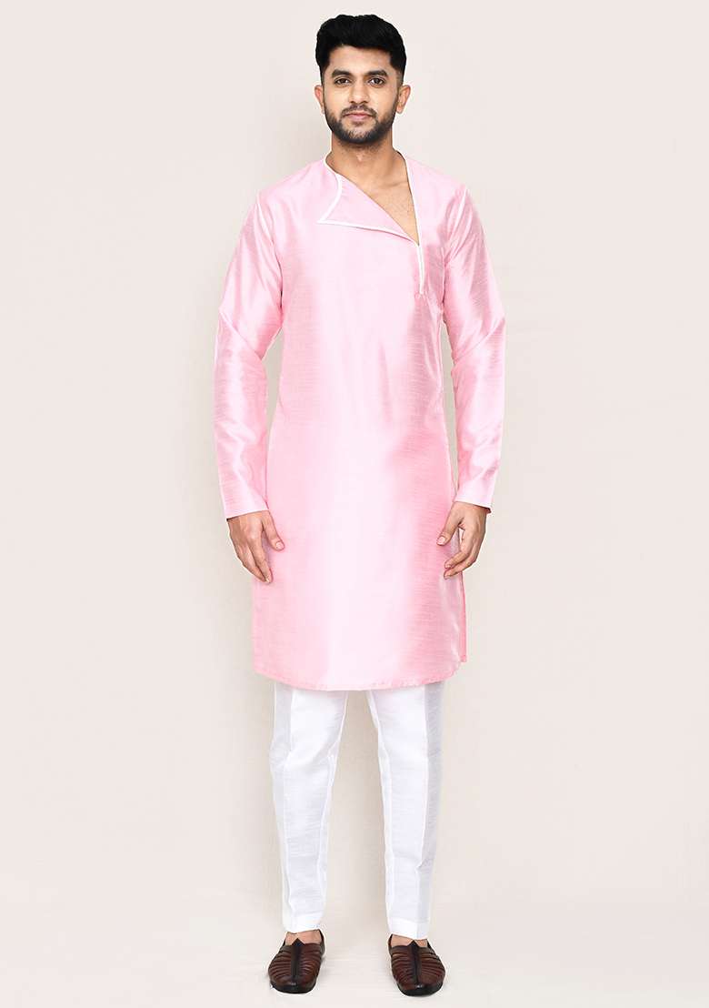 Pink Plain Art Silk Kurta Set For Men - Indya