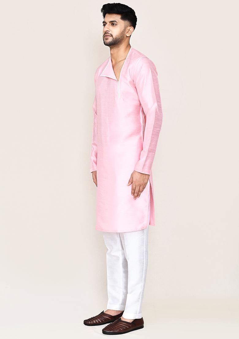 Pink Plain Art Silk Kurta Set For Men
