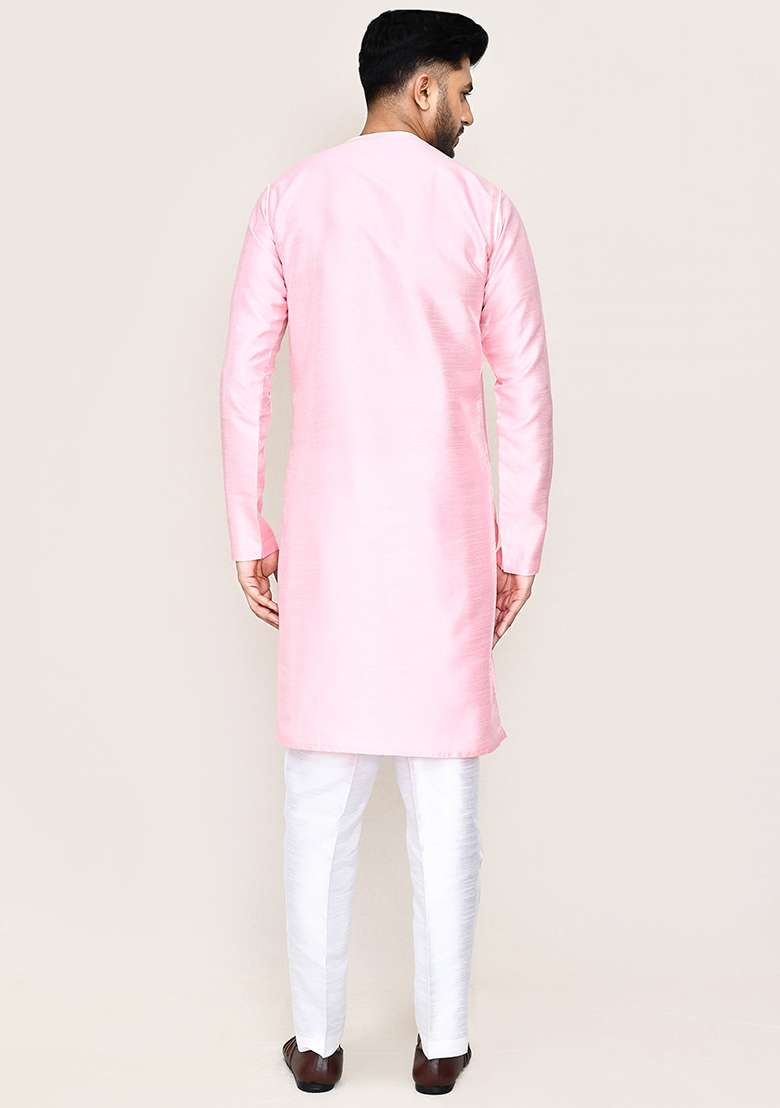 Pink Plain Art Silk Kurta Set For Men - Indya