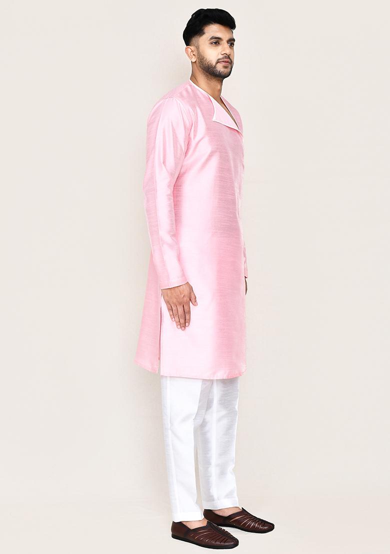 Pink Plain Art Silk Kurta Set For Men