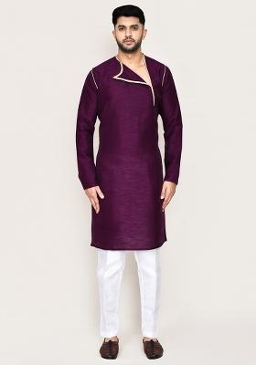 Purple Plain Art Silk Kurta Set For Men