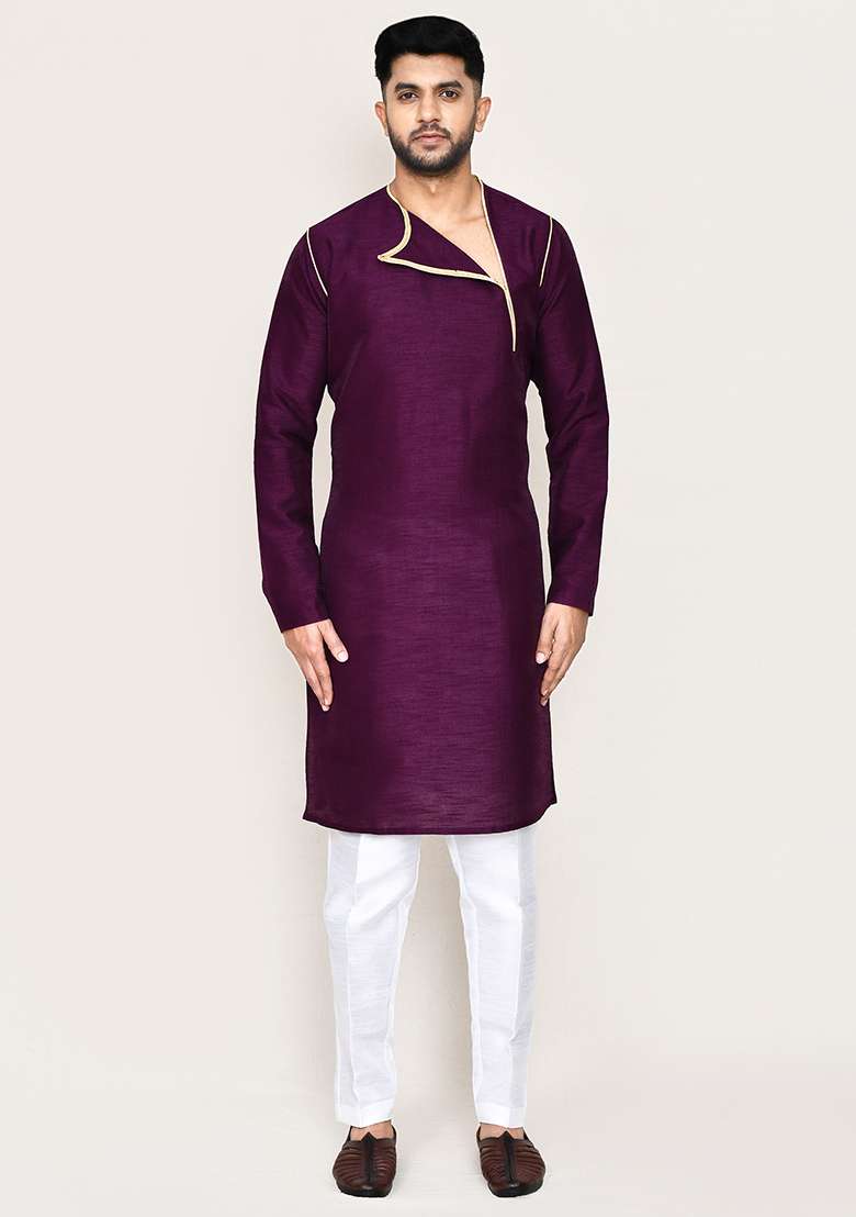 Purple Plain Art Silk Kurta Set For Men - Indya
