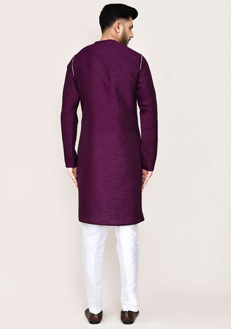 Purple Plain Art Silk Kurta Set For Men - Indya