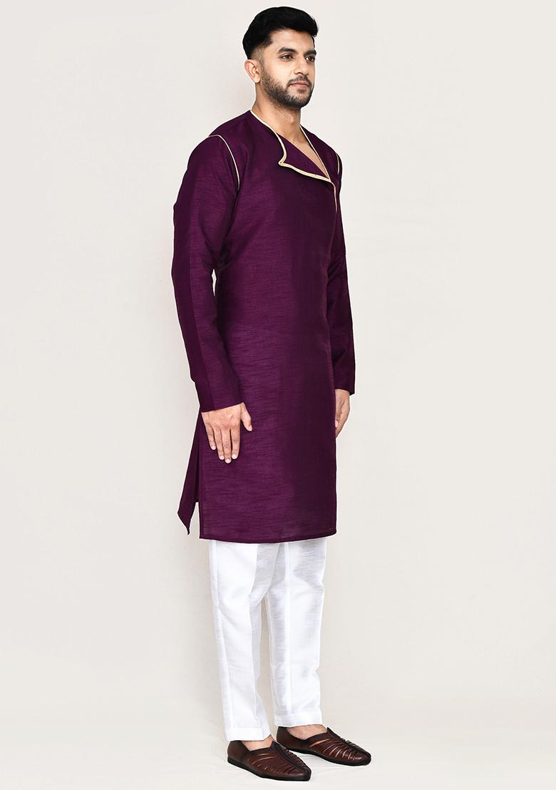 Purple Plain Art Silk Kurta Set For Men