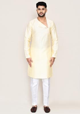 Light Beige Plain Art Silk Kurta Set For Men