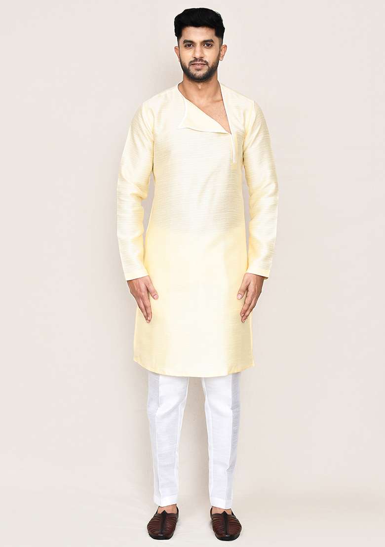 Light Beige Plain Art Silk Kurta Set For Men - Indya