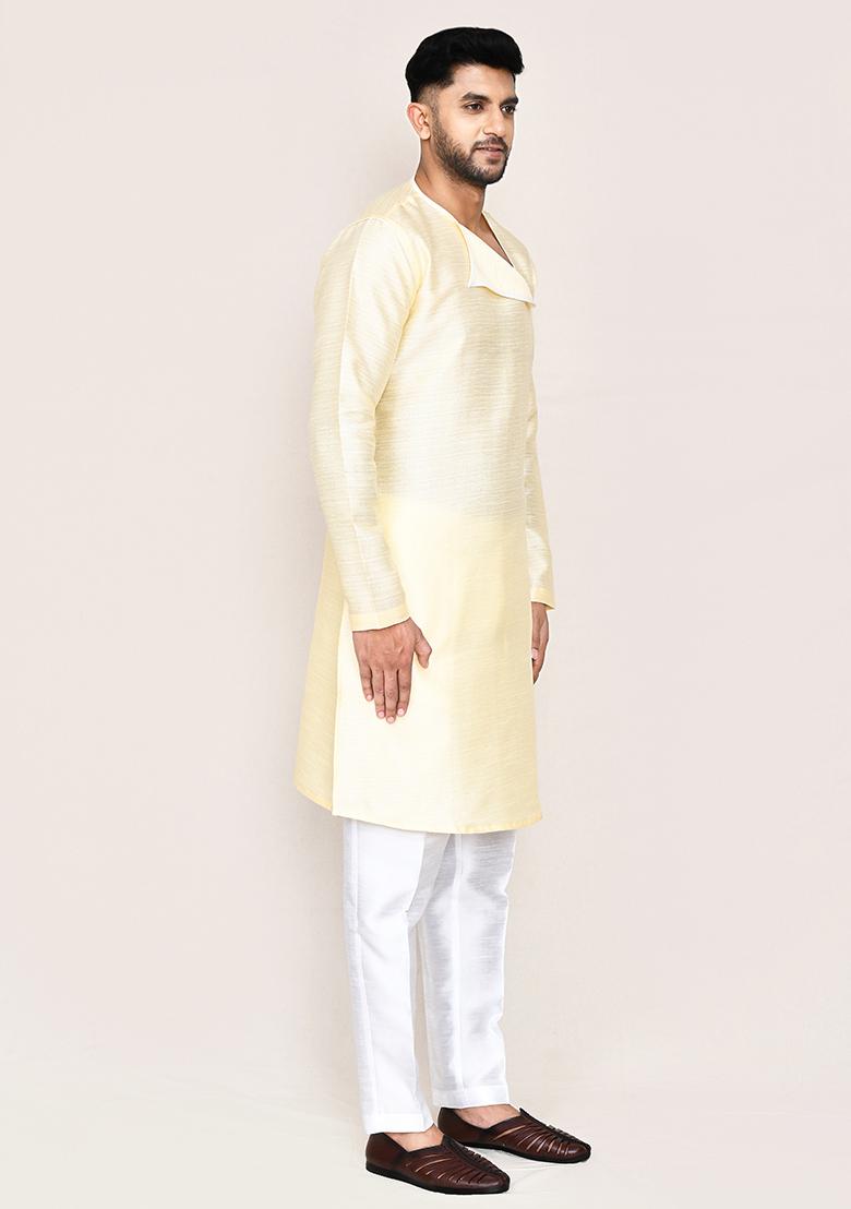 Light Beige Plain Art Silk Kurta Set For Men