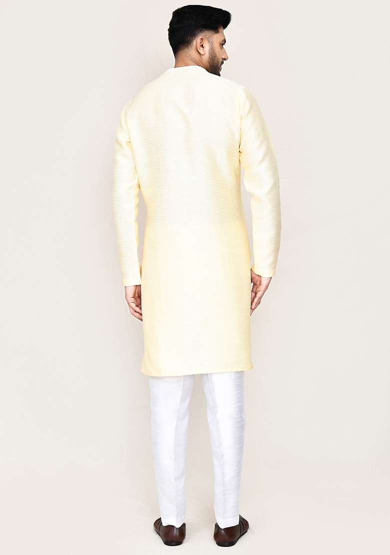 Light Beige Plain Art Silk Kurta Set For Men - Indya