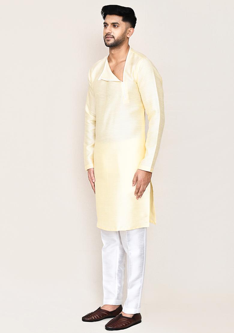 Light Beige Plain Art Silk Kurta Set For Men