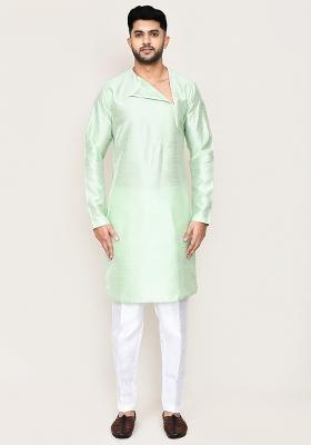 Mint Green Plain Art Silk Kurta Set For Men