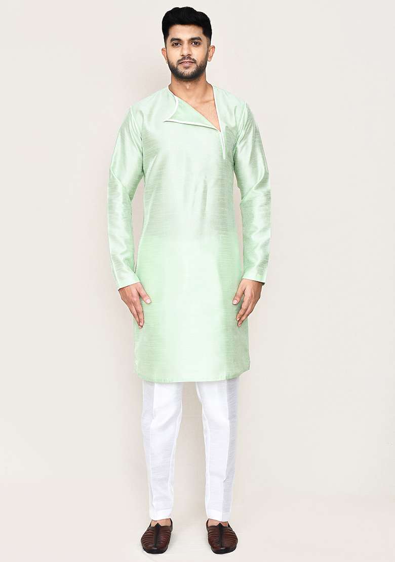 Mint Green Plain Art Silk Kurta Set For Men - Indya