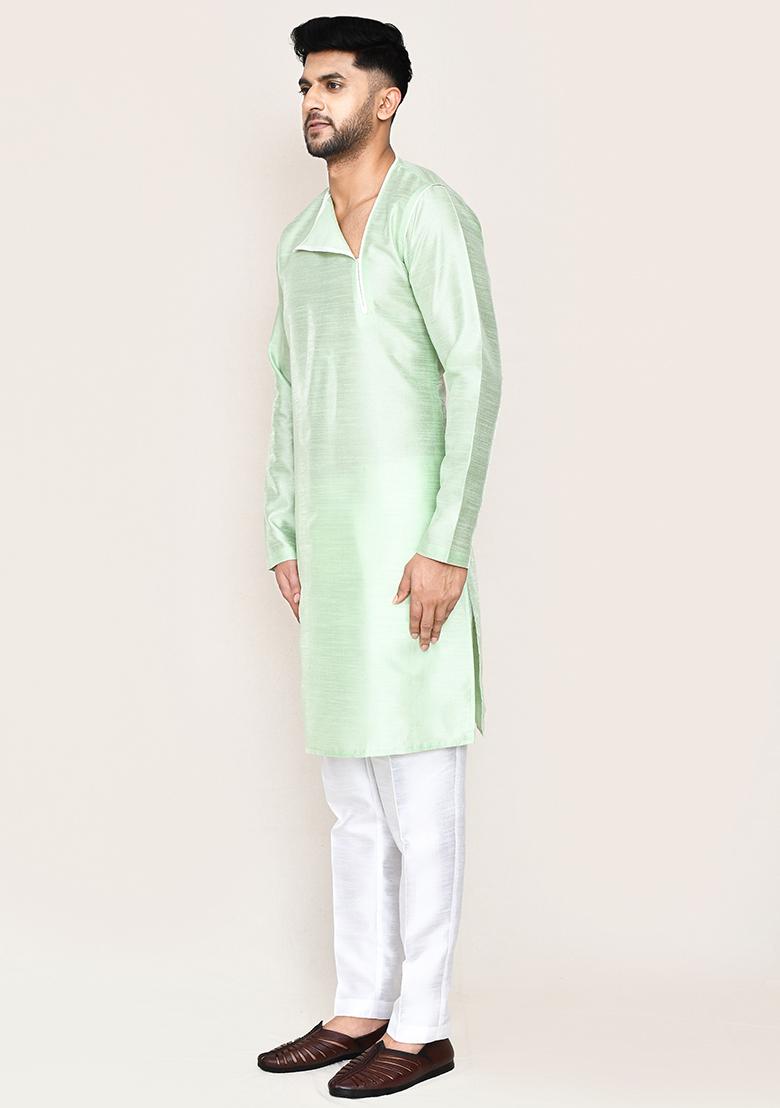 Mint Green Plain Art Silk Kurta Set For Men