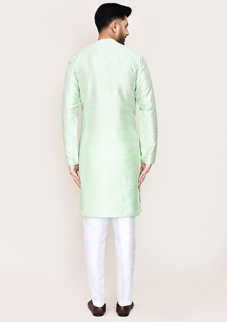 Mint Green Plain Art Silk Kurta Set For Men - Indya
