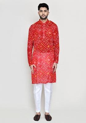 Red Printed Georgette Kurta Set For Men