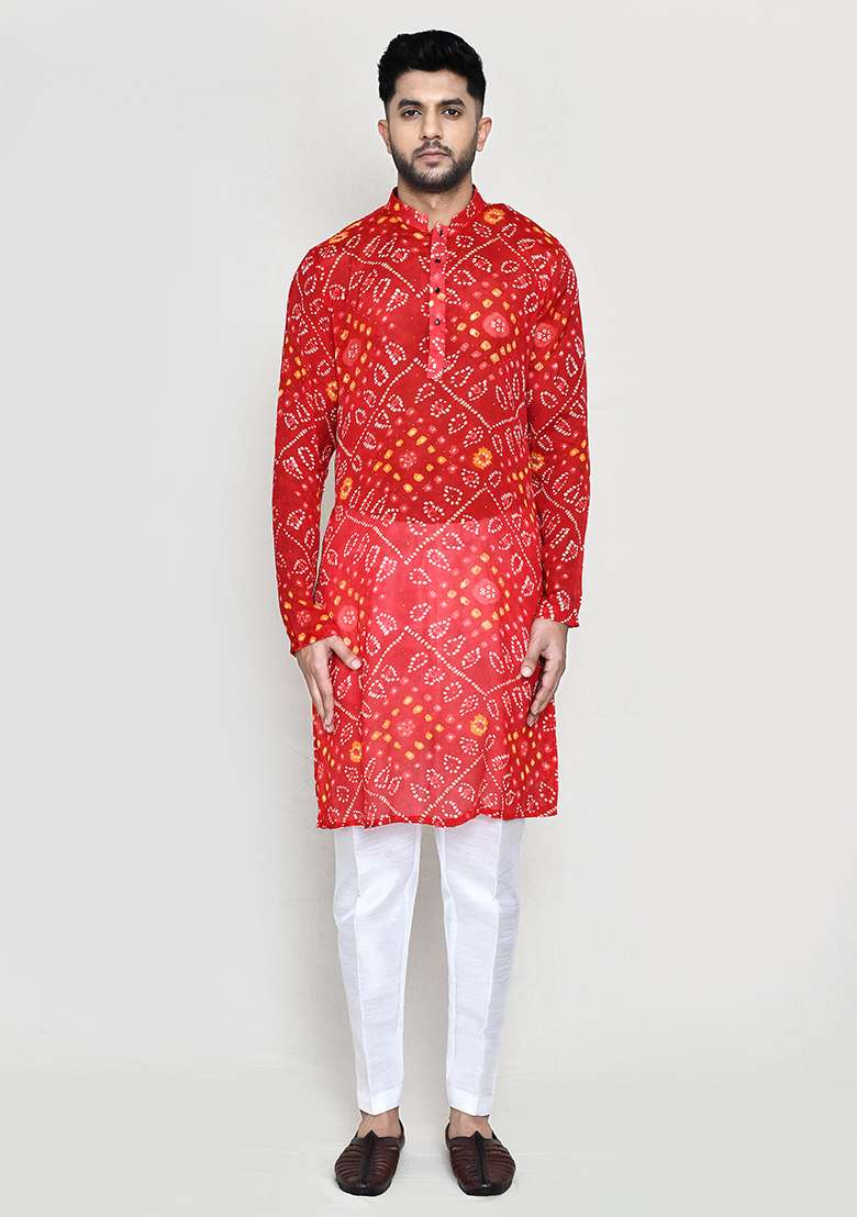 Red Printed Georgette Kurta Set For Men - Indya