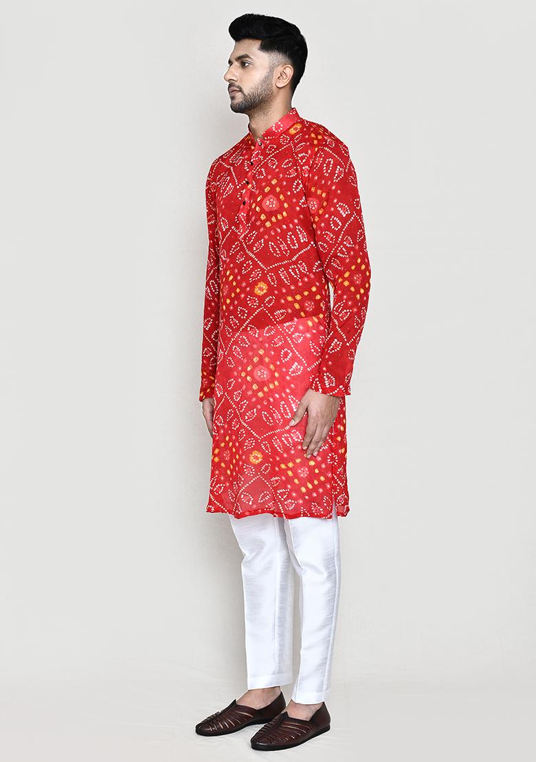 Red Printed Georgette Kurta Set For Men
