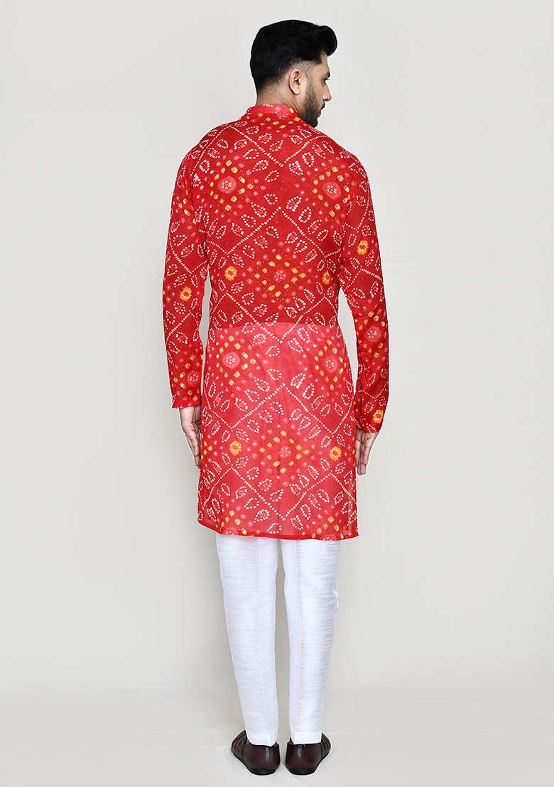 Red Printed Georgette Kurta Set For Men - Indya