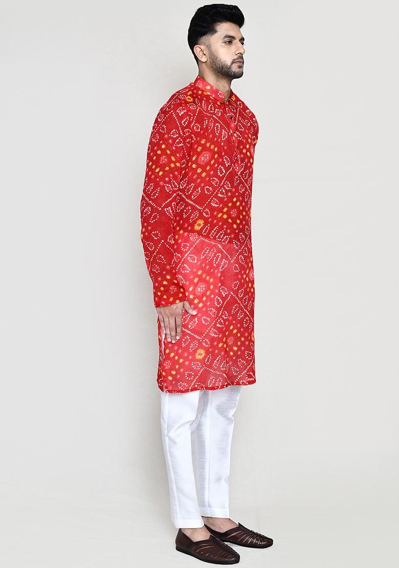 Red Printed Georgette Kurta Set For Men