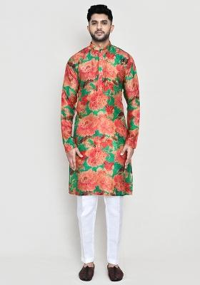 Green Printed Modal Silk Kurta Set For Men
