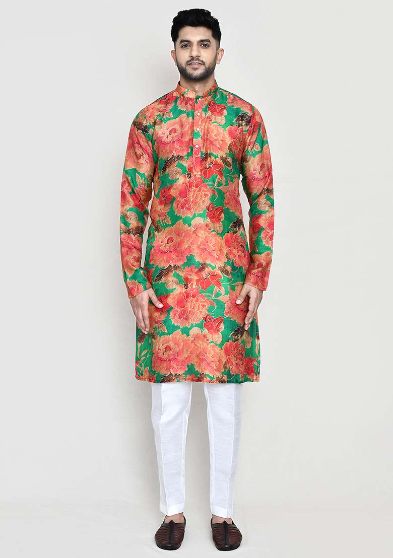 Green Printed Modal Silk Kurta Set For Men - Indya