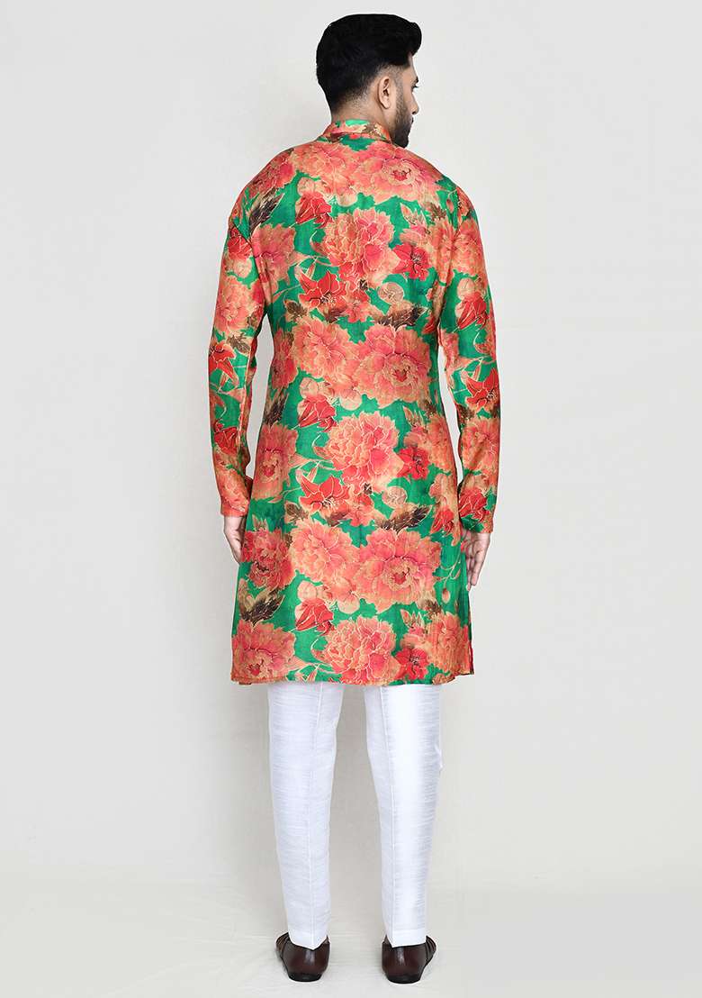 Green Printed Modal Silk Kurta Set For Men - Indya