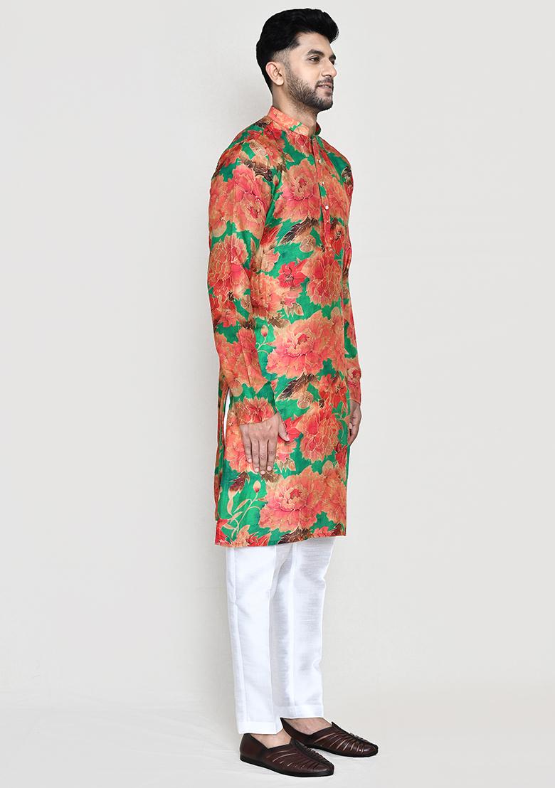 Green Printed Modal Silk Kurta Set For Men