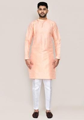 Peach  Printed Jacquard Silk Kurta Set For Men