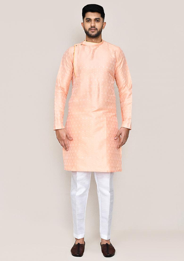 Peach  Printed Jacquard Silk Kurta Set For Men