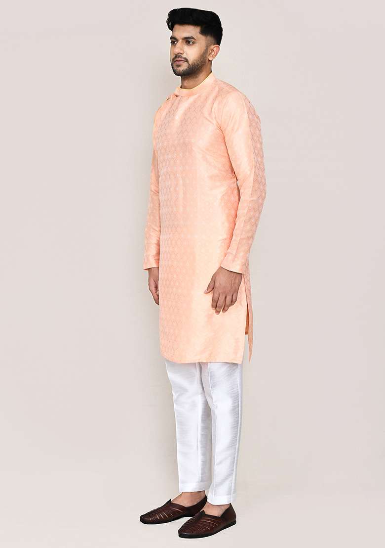 Peach  Printed Jacquard Silk Kurta Set For Men - Indya