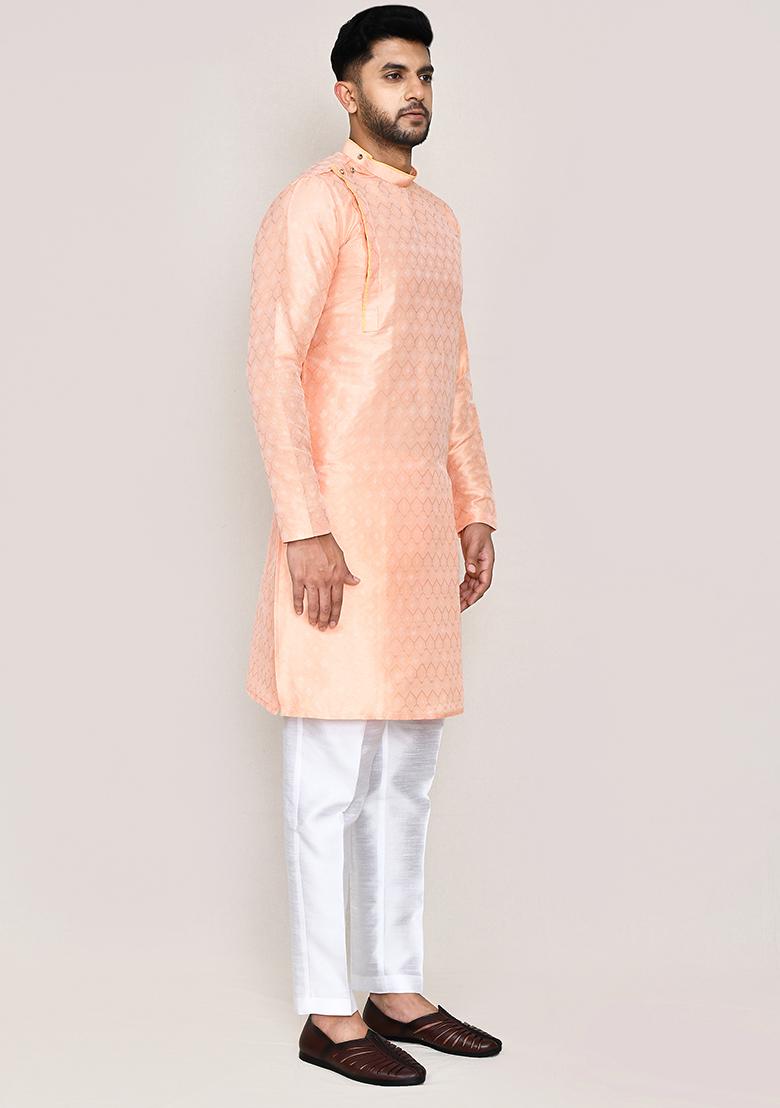 Peach  Printed Jacquard Silk Kurta Set For Men