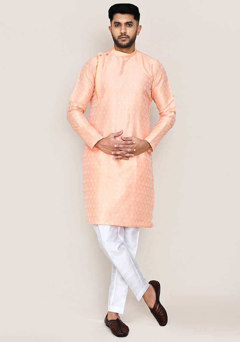 Peach  Printed Jacquard Silk Kurta Set For Men - Indya